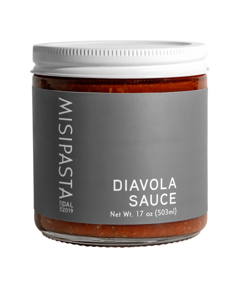 Jar of Misipasta Diavola Sauce on a white background