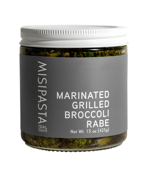 Jar of Misipasta Marinated Grilled Broccoli Rabe on a white background