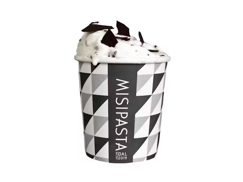 Two ice cream cones with a black and white geometric-patterned cup labeled 'MISIPASTA'.
