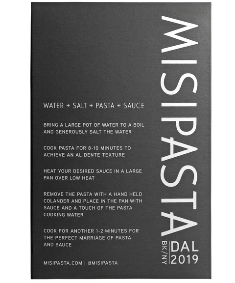 Misipasta packaging with cooking instructions on a black background