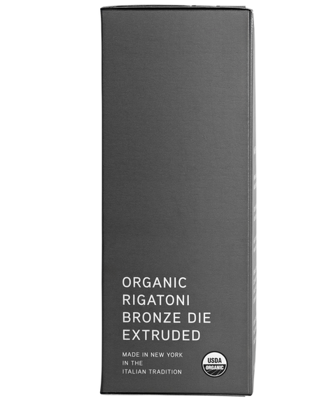 Black box of organic rigatoni with text on a white background
